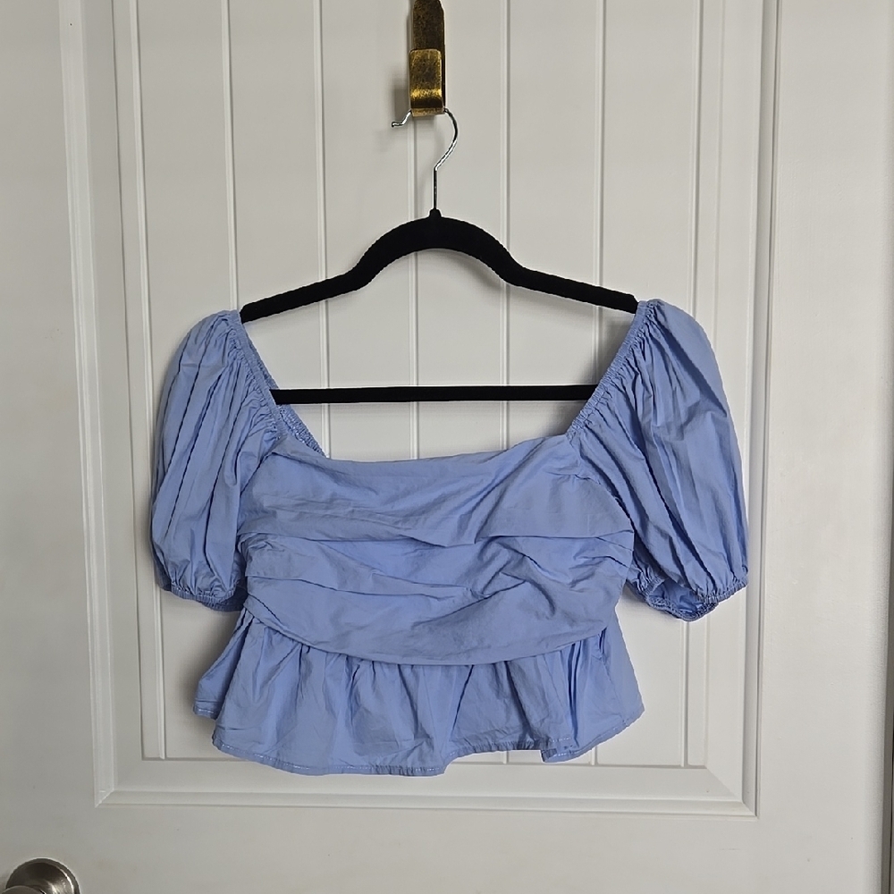 Altar’d State Blue Puff Sleeve Crop Top Off-Shoulder Smocked Back 100% Cotton - Picture 2 of 5